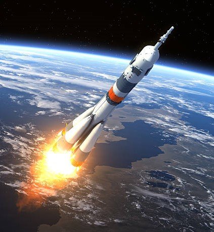Carrier rocket Launch. 3D Scene. Elements of this image furnished by NASA.